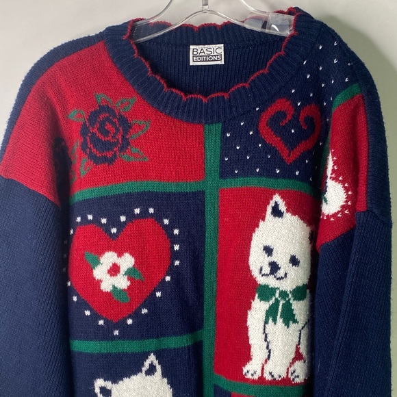 Basic Editions Red and Blue Cat Sweater Women’s Size Medium/ Large - 1319 - Picture 2 of 6